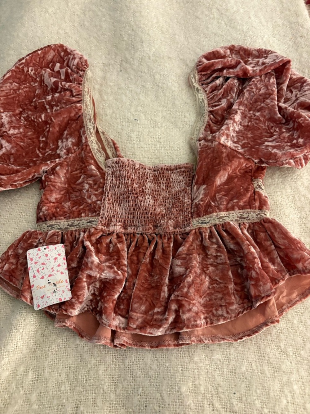 Free People Rose Crushed Velvet Puff Sleeve Peplum Top
